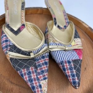 Vero Cuoio Gunmetal patchwork/quilted kitten mule gold leather bow US-Size 7.5 B